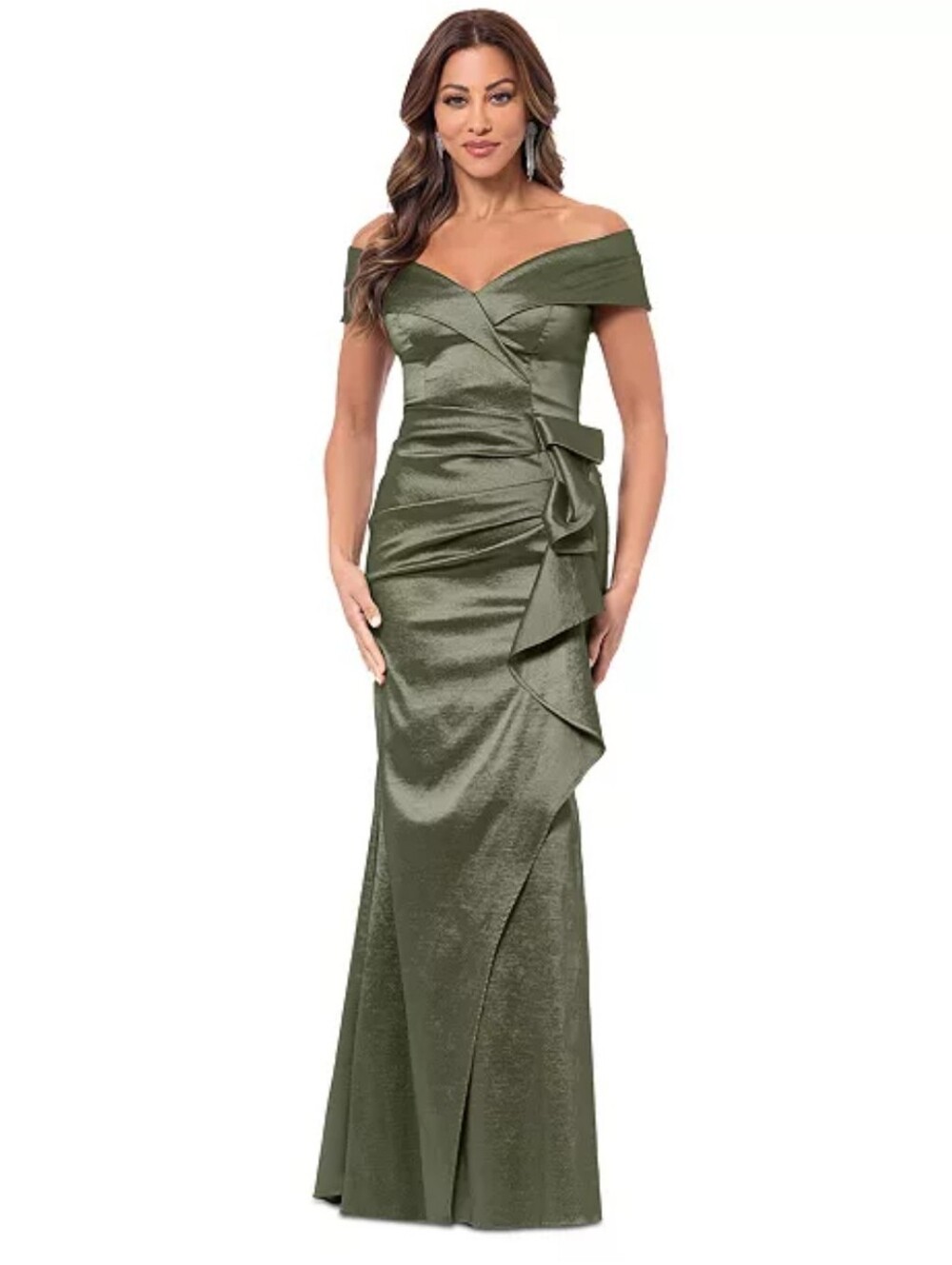 Xscape Size 16 Metallic Olive Ruffle Formal Maxi Dress NWT $299 Statement Piece